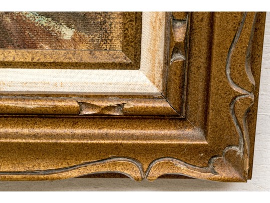 Oil On Burlap, Portrait Of Two Well Dressed In An Interior