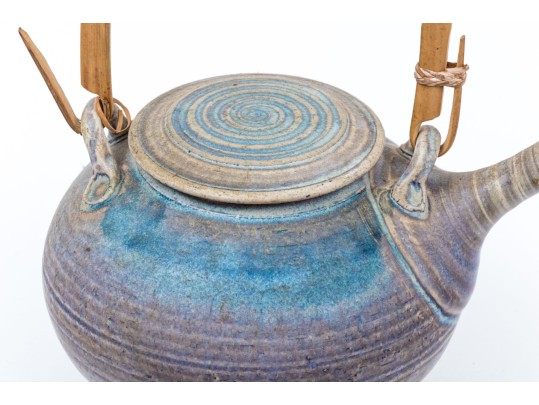 Japanese Ceramic Lidded Teapot With Six Glazed Teabowls