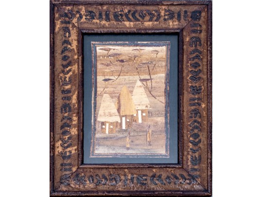 African Banana Leaf Artwork, Village Scene