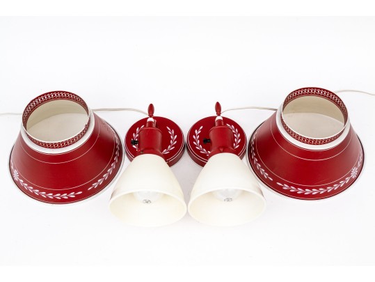 Pair Of Vintage Tole Handpainted Wall Sconces With Matching Shades