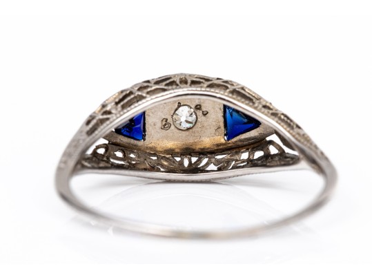 14k Vintage Filigree Diamond And Synthetic Sapphire Three Stone Ring, App. 0.04 CTS, Size 7.25