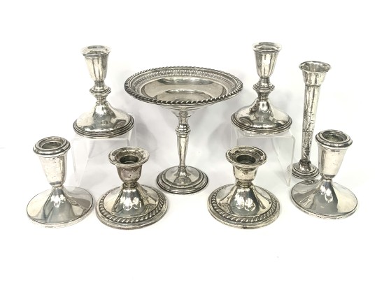 Collection Of Weighted Sterling Silver Candleholders, Compote & Bud Vase