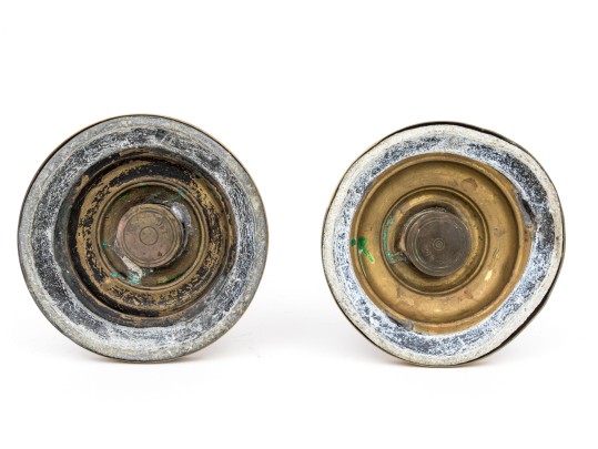 Pair Of Beautiful Antique Etched Cranberry Glass And Brass Oil Lamps On Stands