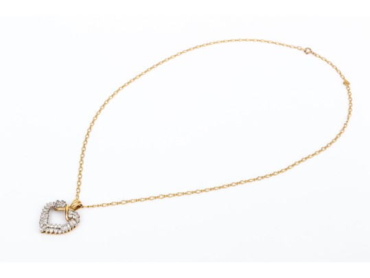 14k Yellow Gold Retro Baguette And Round Diamond Heart Pendant, App. 0.60 TCW, With Chain