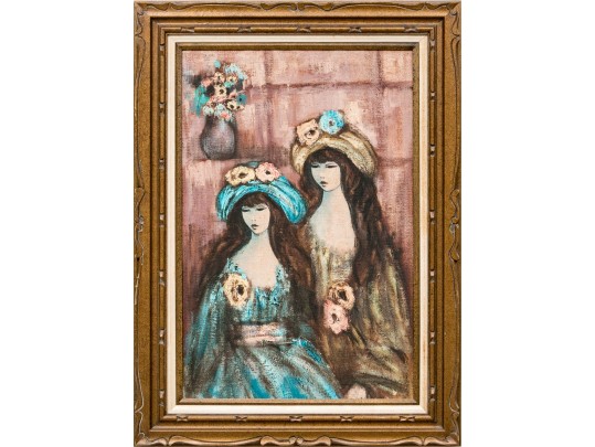 Oil On Burlap, Portrait Of Two Well Dressed In An Interior