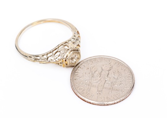 18k White Gold Vintage Filigree And Diamond Ring, App. 0.06 CTS, Size 4.75