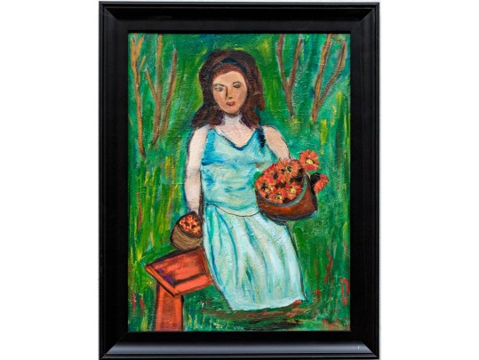 Miriam Granick Boretz (Ukranian/American, 1903-2005) Oil On Artist Board, Lady With Flowers