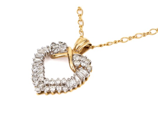 14k Yellow Gold Retro Baguette And Round Diamond Heart Pendant, App. 0.60 TCW, With Chain