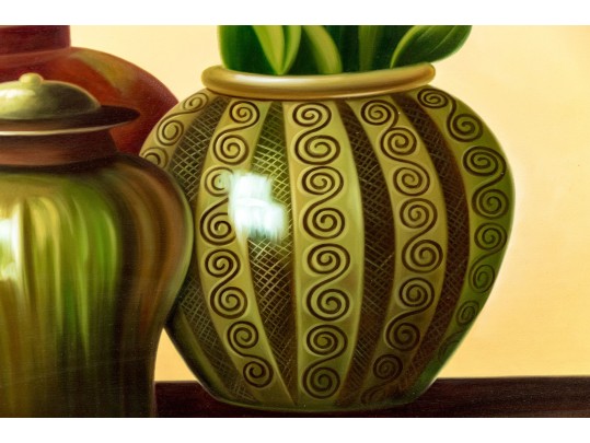 Miechell Signed, Oil On Canvas, Still Life With Three Vases