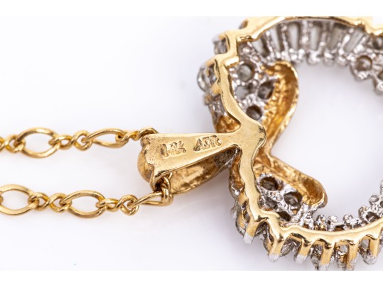 14k Yellow Gold Retro Baguette And Round Diamond Heart Pendant, App. 0.60 TCW, With Chain