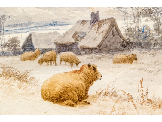Thomas Sidney Cooper (UK, 1803- 1902) Watercolor, Winter Landscape With Sheep 