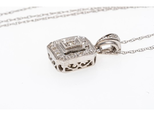 10k White Gold Pretty Diamond Set Square Pendant, App. 0.05 TCW, With Chain