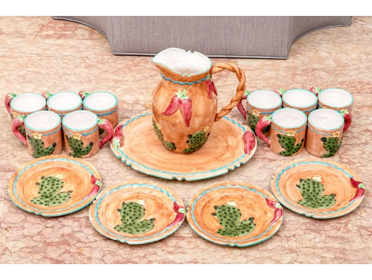 Festive Sixteen Piece Chinese Lotus Ceramic Serving Wares, Ca. 1995