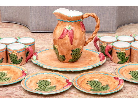 Festive Sixteen Piece Chinese Lotus Ceramic Serving Wares, Ca. 1995