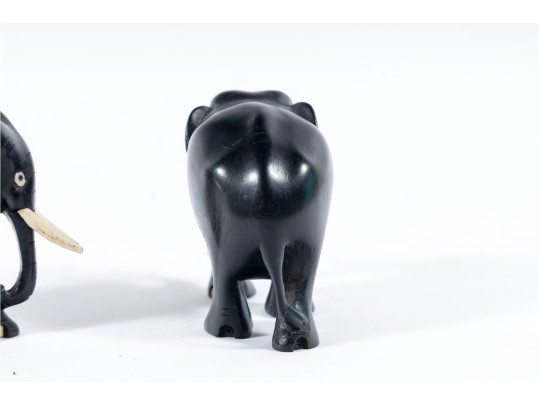 Pair Of Ebonized Wood And Bone Elephant Carvings
