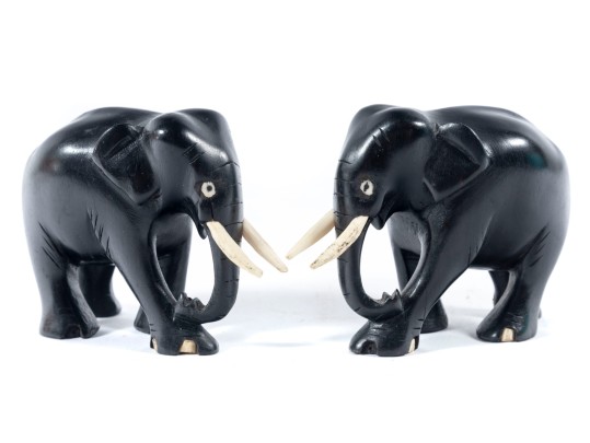 Pair Of Ebonized Wood And Bone Elephant Carvings