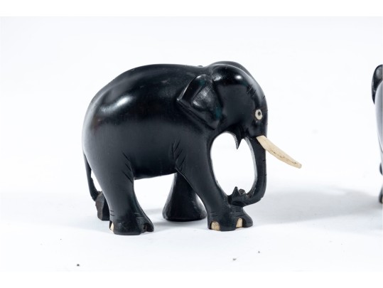 Pair Of Ebonized Wood And Bone Elephant Carvings
