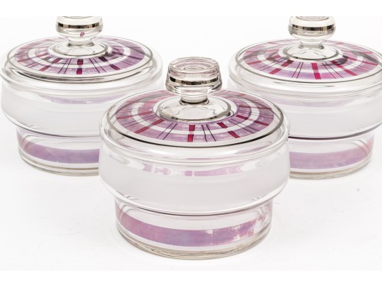 Trio Of Vintage Frosted Glass Lidded Jars