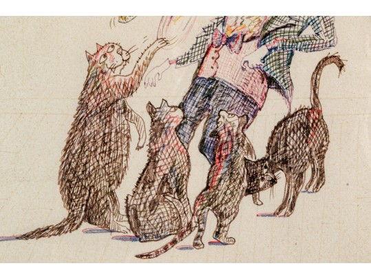 Jean-Claude Suares (Egyptian-Am., 1942-2013) Color Ink On Paper Illustration, Cat Attack