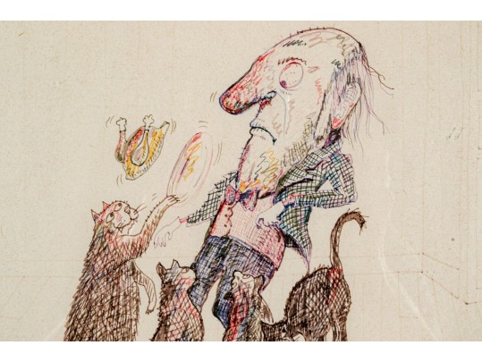 Jean-Claude Suares (Egyptian-Am., 1942-2013) Color Ink On Paper Illustration, Cat Attack