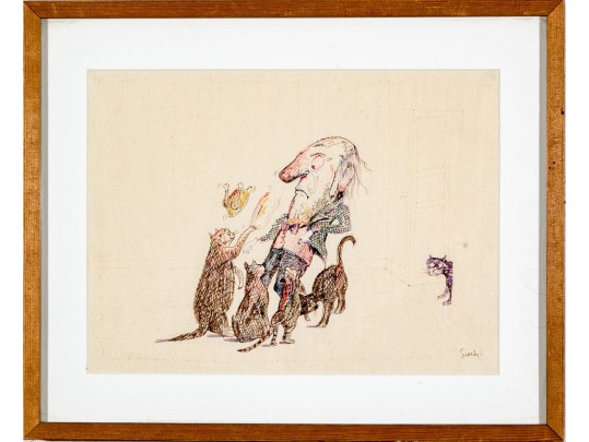 Jean-Claude Suares (Egyptian-Am., 1942-2013) Color Ink On Paper Illustration, Cat Attack