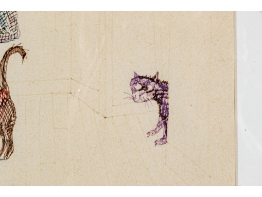 Jean-Claude Suares (Egyptian-Am., 1942-2013) Color Ink On Paper Illustration, Cat Attack