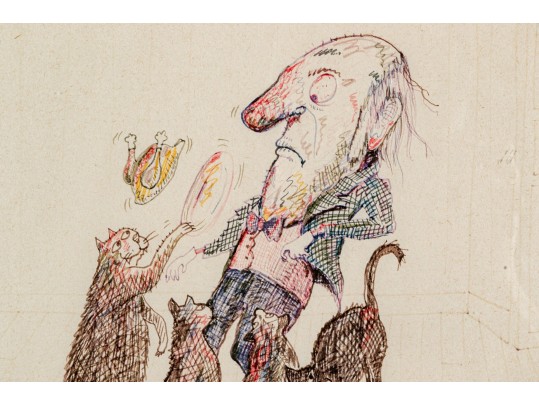 Jean-Claude Suares (Egyptian-Am., 1942-2013) Color Ink On Paper Illustration, Cat Attack