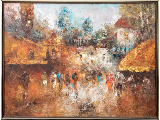 Edward Barton (American, 1926-2012) Oil On Canvas, Post Impressionist Rural Landscape With Figures