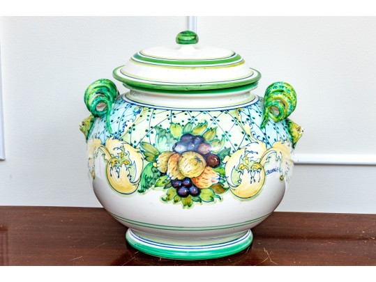 Large Italian Hand-Painted Ceramic Lidded Jar