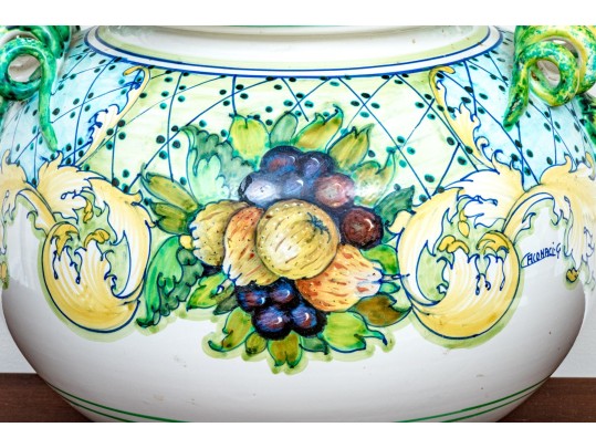 Large Italian Hand-Painted Ceramic Lidded Jar