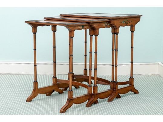 Set Of Three Nesting Tables With Faux Bamboo And Painted Decoration
