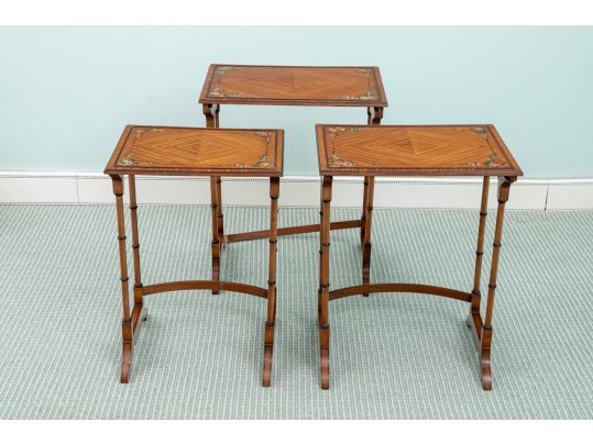 Set Of Three Nesting Tables With Faux Bamboo And Painted Decoration