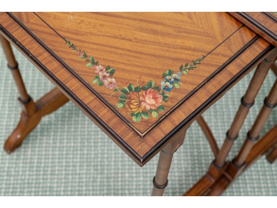 Set Of Three Nesting Tables With Faux Bamboo And Painted Decoration