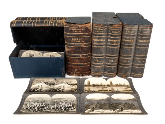 Collection Of Antique Stereographic Library Volumes Of Images With Viewer