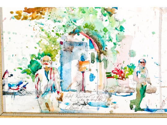 Signed Framed Graphite And Watercolor On Paper, Hotel In Provence 