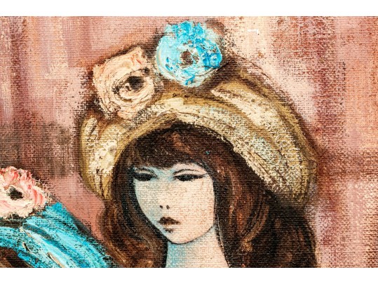 Oil On Burlap, Portrait Of Two Well Dressed In An Interior