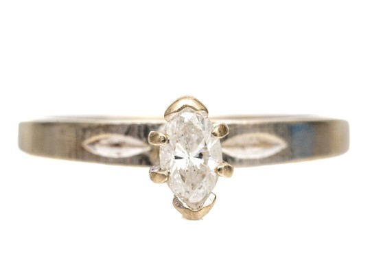 10k White Gold Simple Marquise Diamond Solitaire Ring, Size 5