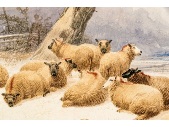 Thomas Sidney Cooper (UK, 1803- 1902) Watercolor, Winter Landscape With Sheep 