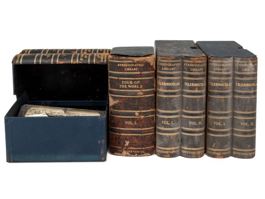 Collection Of Antique Stereographic Library Volumes Of Images With Viewer