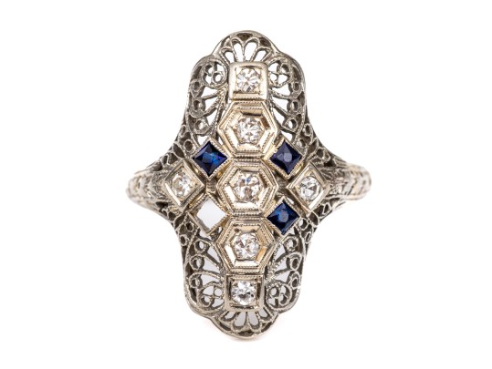 18k White Gold Vintage Filigree And Diamond And White Sapphire Ring, Size 7