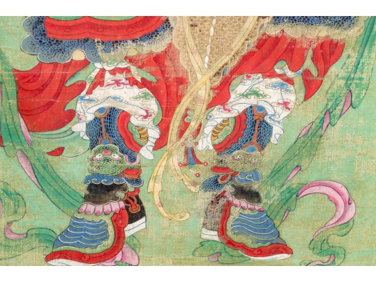 Two Chinese Color And Ink On Canvas Mounted To Board, Including Weituo And Zhao Gongming