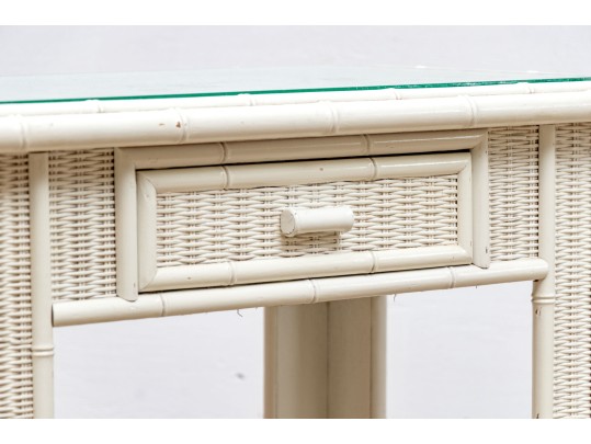 Faux Bamboo And Wicker Painted Console With Glass Top