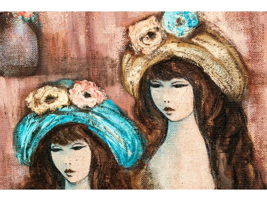 Oil On Burlap, Portrait Of Two Well Dressed In An Interior