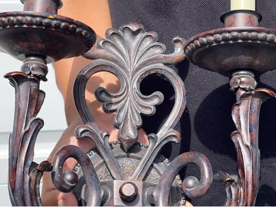 Pair Of Cast Iron Two Light Electrified Wall Sconces