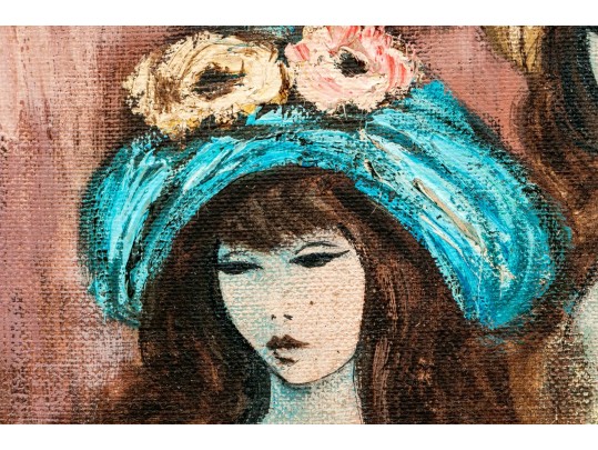 Oil On Burlap, Portrait Of Two Well Dressed In An Interior