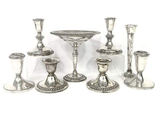 Collection Of Weighted Sterling Silver Candleholders, Compote & Bud Vase