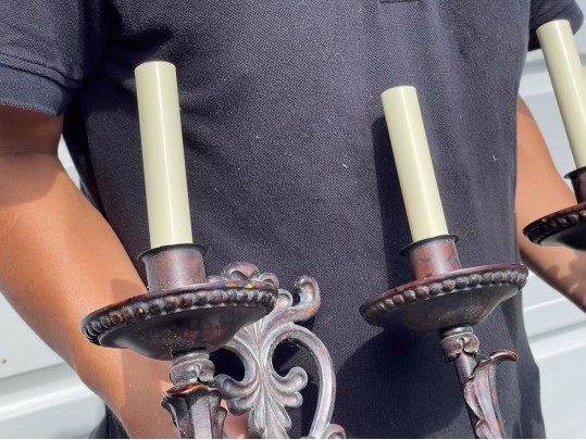 Pair Of Cast Iron Two Light Electrified Wall Sconces