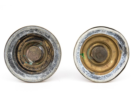 Pair Of Beautiful Antique Etched Cranberry Glass And Brass Oil Lamps On Stands