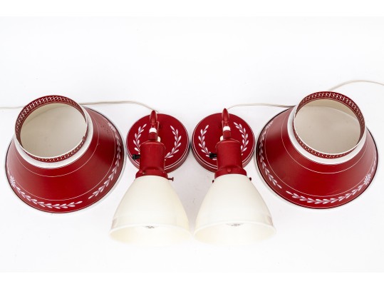 Pair Of Vintage Tole Handpainted Wall Sconces With Matching Shades