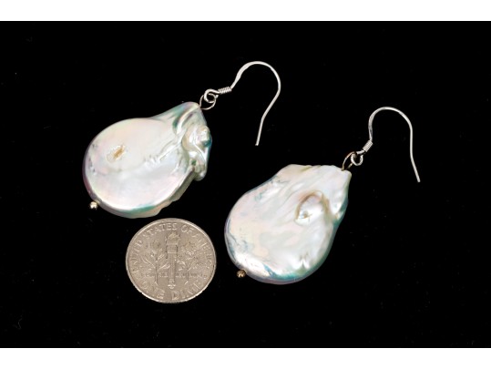 Fabulous Chunky Sterling Silver And Baroque Cultured Freshwater Pearl Earrings